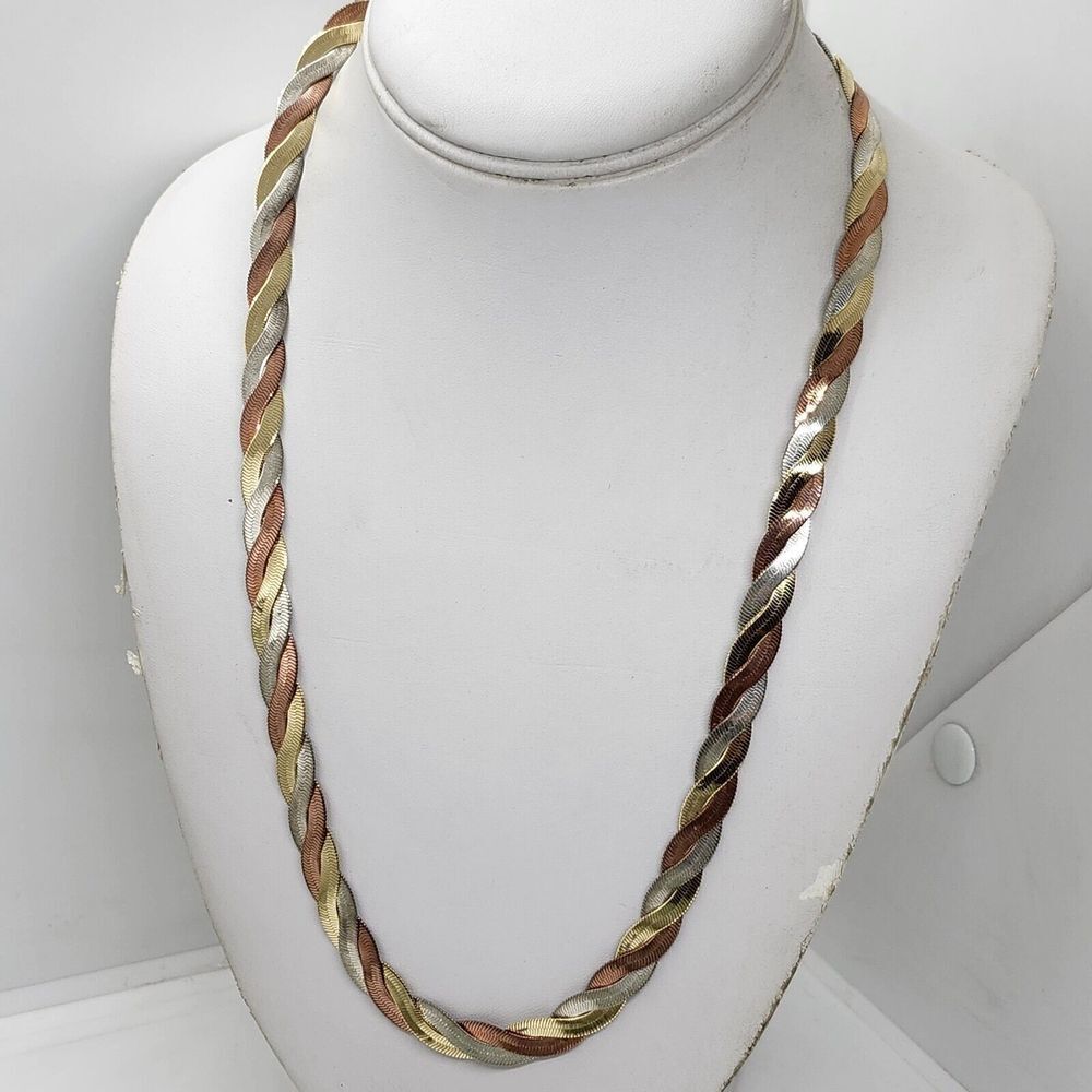 Vintage Korea Three Tone Herring Bone Chain‎ Necklace